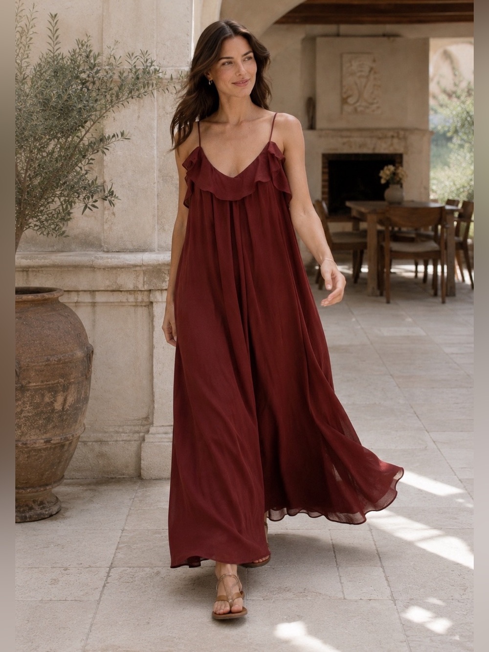 NWT DISSH Capri Sahara Linen Blend Maxi Dress Burgundy Size 8